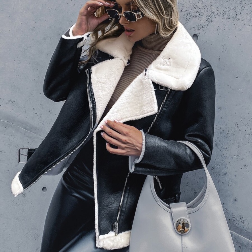 black shearling lined biker moto leather jacket - Picture 1 of 6